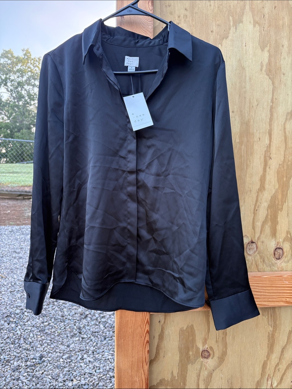 a new day Black Satin Button-Front Shirt